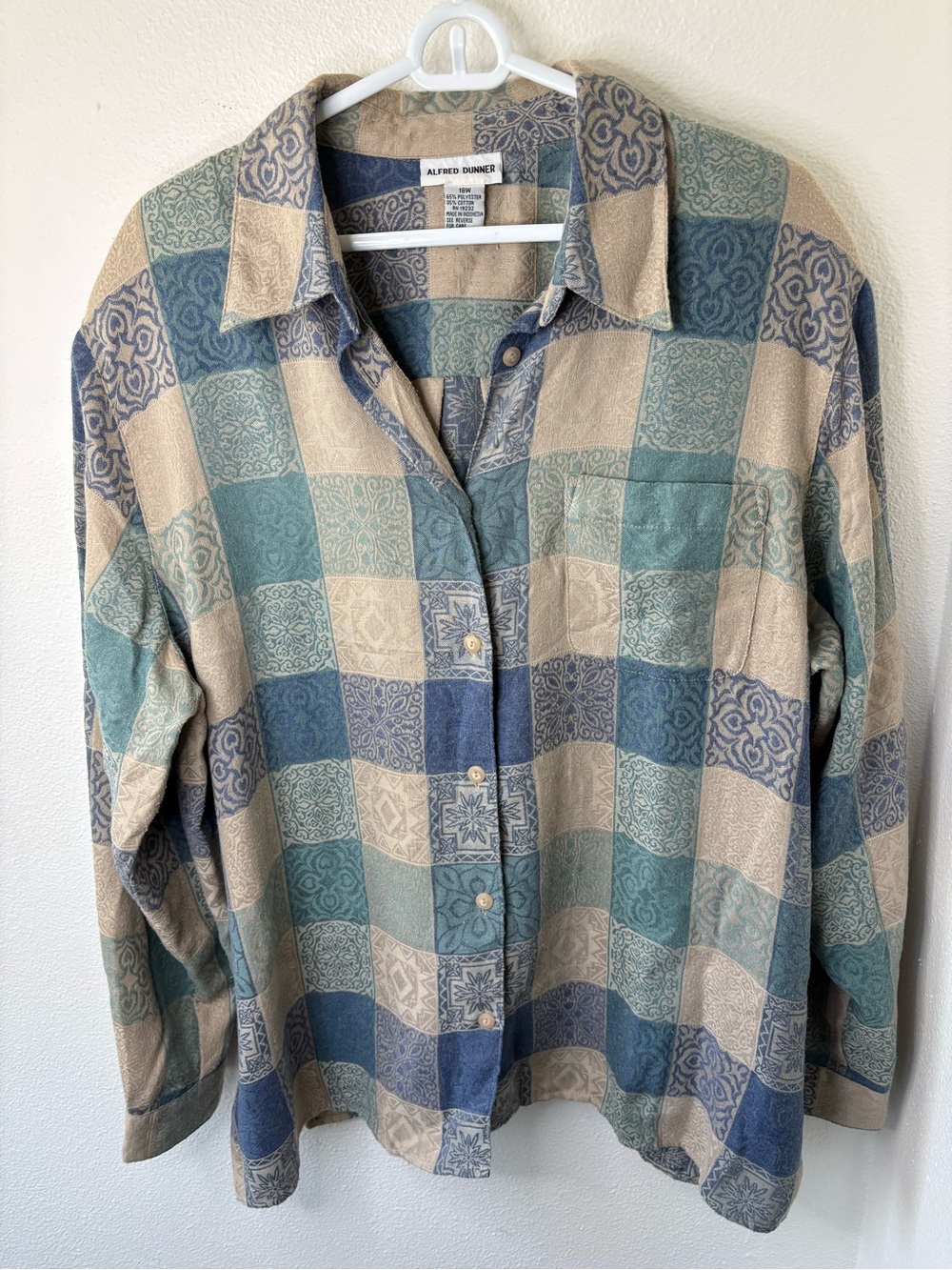 Alfred Dunner Blue and Tan Patterned Casual Button-Down Shirt - 18W